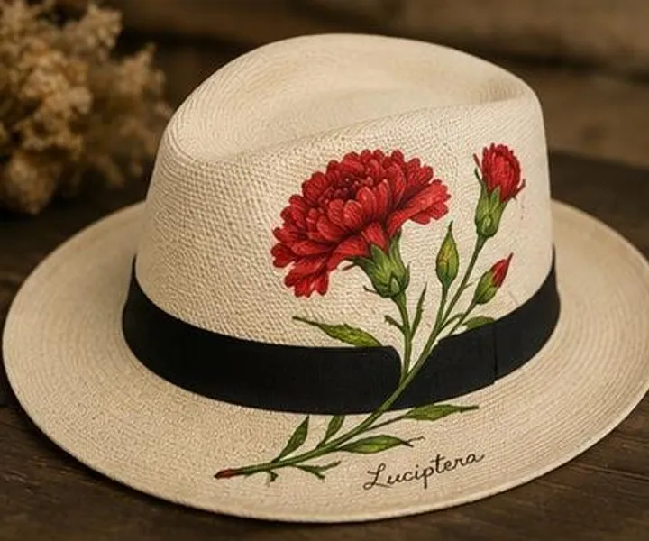 Sombrero brisa pintado a mano, diseño Clavel, con Claveles rojos y botones — Luciptera
