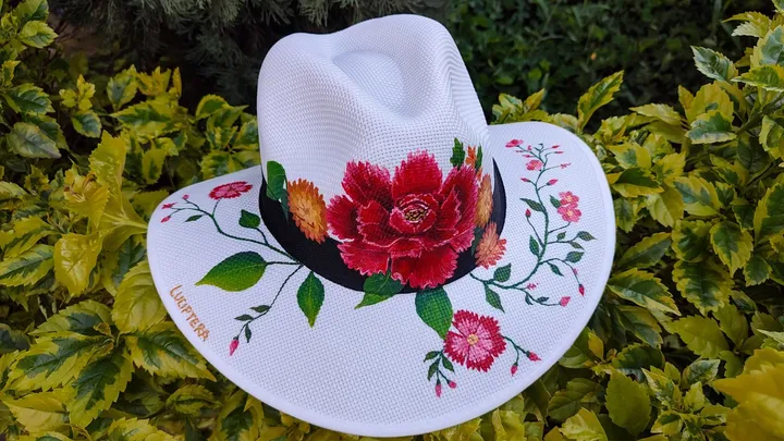 Sombrero brisa pintado a mano, diseño Jardín Floral, con Peonía roja y flores naranjas — Luciptera